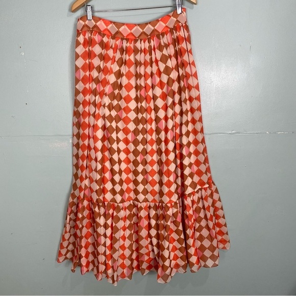 PatBo Checked Print Maxi Skirt Orange Geometric Flowy Sz L - Picture 3 of 5